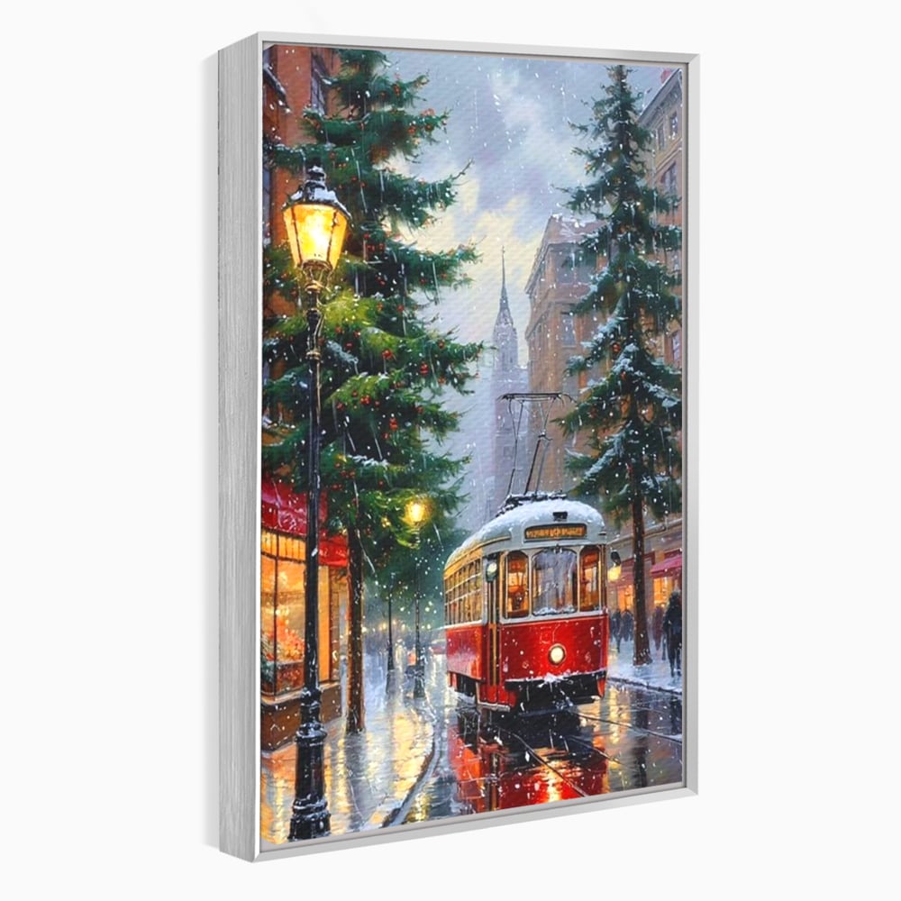 Tablou canvas cu pictura cu tramvai rosu in ninsoare, in rama de aluminiu argintiu